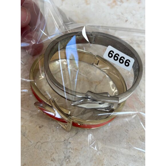 Gold-Tone orange & White Enamel Buckle Bangle Bracelets Set Of 2 - Picture 2 of 13